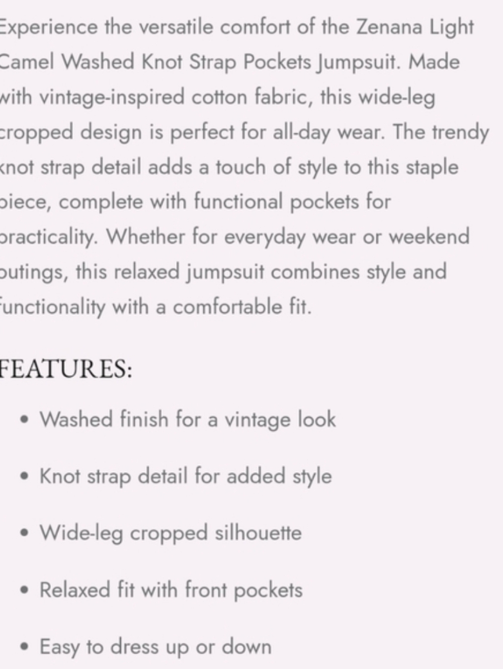 Zenana Women's Lt Camel Washed Knotted Wide Leg Denim Jumpsuit w/Pockets Small - Picture 6 of 6